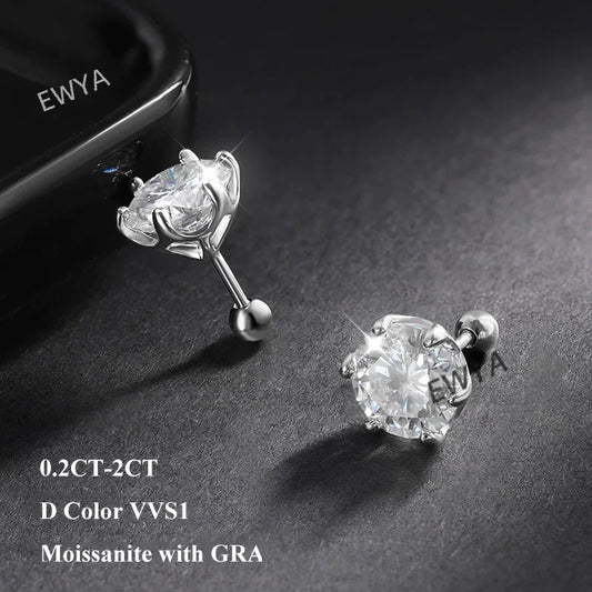 925 Sterling Silver 0.2-2ct D VVS1 6 Prong Diamond with GRA Moissanite Screw Stud Earrings For Women Wedding Fine Jewelry