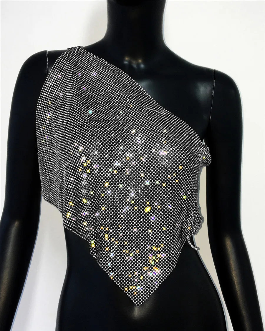 Shiny Rhinestone Metal Camisole For Women Sexy Backless Single shoulder Side Split Tank Tops Cocktail Party Club Crop Top Y2K