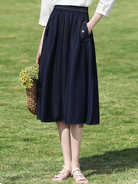 Dark Blue Denim Midi Skirt for Women 2026 Spring Elastic Waist Skirts Casual A-Line Skirt with Pockets 2261026207