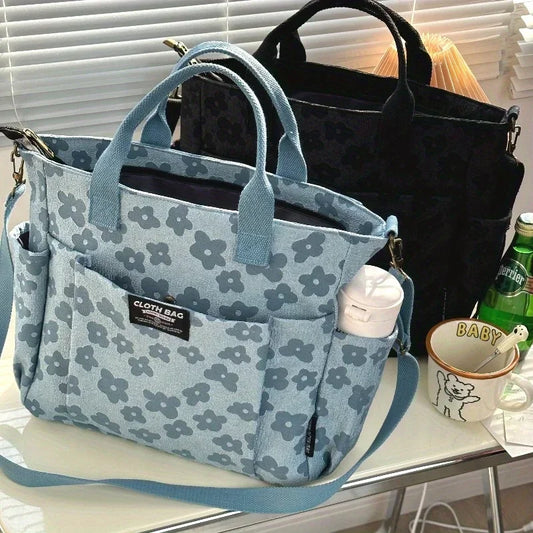3D Floral Design Tote Bag, Thickened Zipper, Multifunctional Canvas Bag, Student Computer Handbag Shoulder Crossbody School Bag,
