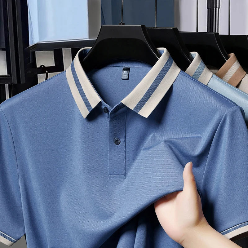 High quality men's short sleeve polo shirt new breathable and fashionable color blocked collar T-shirt summer ice silk cool top