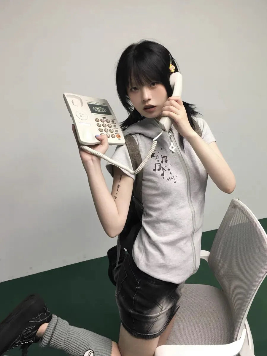 Japanese Y2k Hooded T-shirt Vintage 2000s Style Rabbit Ears Zipper Tops Harajuku Short Sleeve Thin Jacket Korean Popular