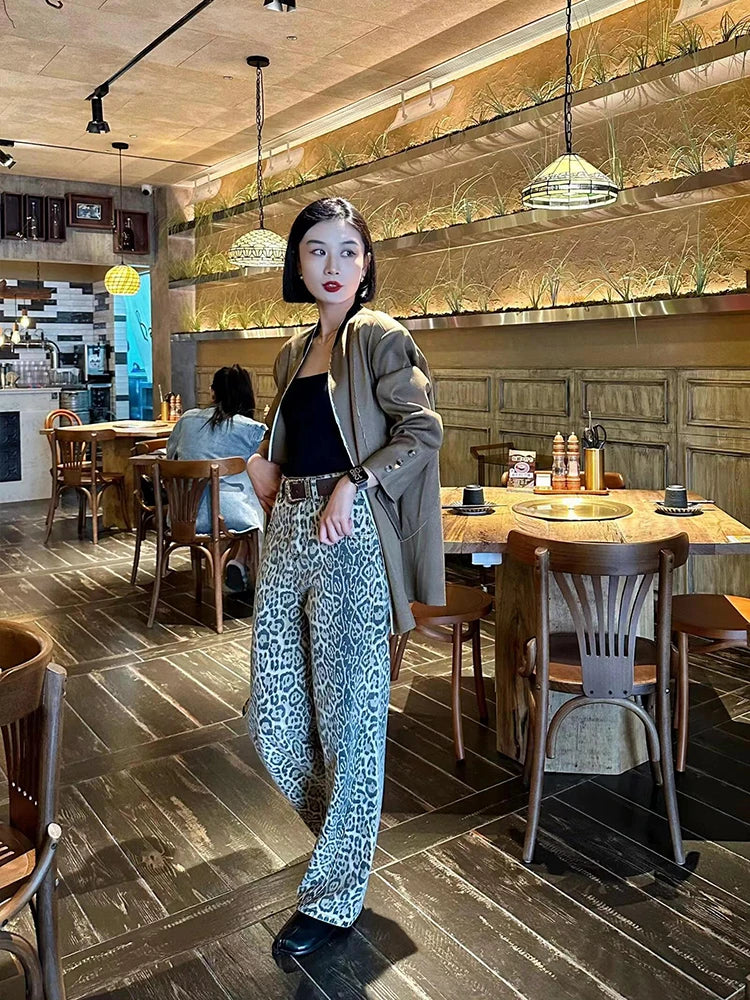 Y2k Vintage Leopard Print Loose Women Jeans