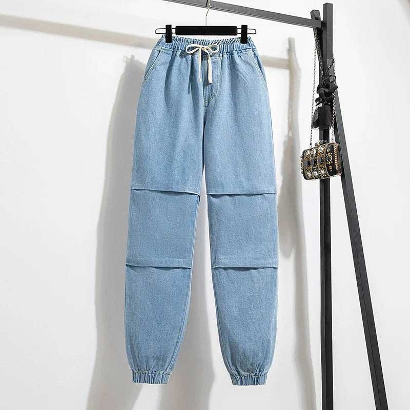 2025 Summer Women Plus Size Jeans Drawstring Elastic Waisted Harun Jeans Vintage Washed Cotton Oversized Trousers Y2k Pants