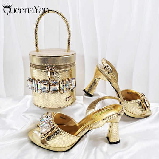 Fashionable New Gold Open Toe Women's Sandals with Matching Bucket Bag Set Perfect for Weddings and Parties