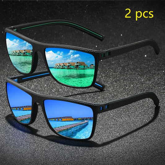 2PCS Fashion Vintage Check Pattern Sunglasses For Men Women Fishing Driving Fashion Square Brand Design Sun Glasses UV400 Eyewea
