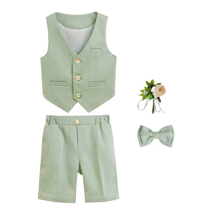 Children Boy Summer Cool Green Suit Kids Boys Vest Shirt Shorts Bowtie Ceremony Costume Formal Boys Breathable Slim Wedding Suit
