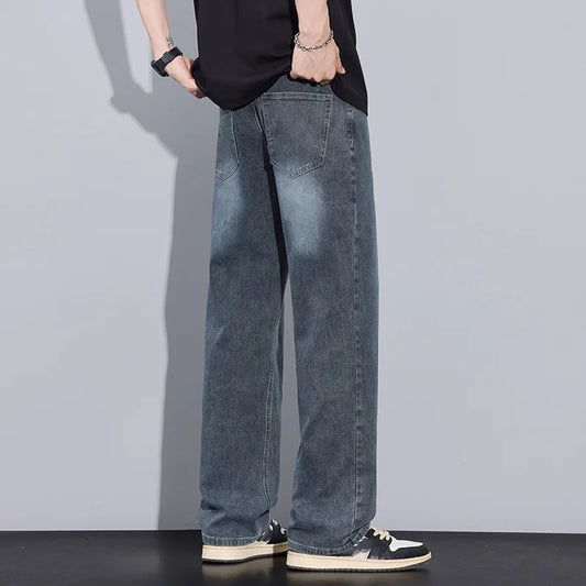 Calça Jeans Masculina Vintage Americana de Perna Larga com Elástico Nova Chegada Ajuste Solto Reto Fluida Versátil Casual