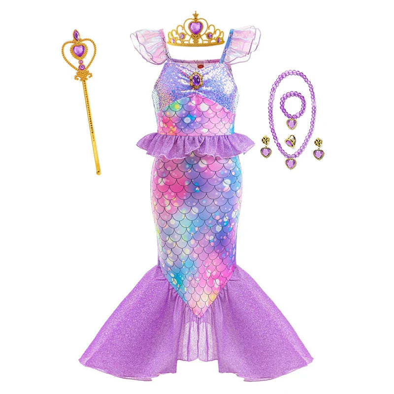 New Ariel Princess Little Mermaid Dress Girl Charm Cosplay Costume Kids Birthday Party Halloween Disguise Clothes