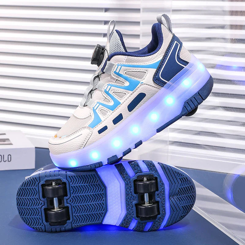 Boys Girls Roller Shoes Pink Blue Four Wheels Luminous Glowing Kids Outdoor Sport Casual Shoes USB Children Led Sneakers Shoes