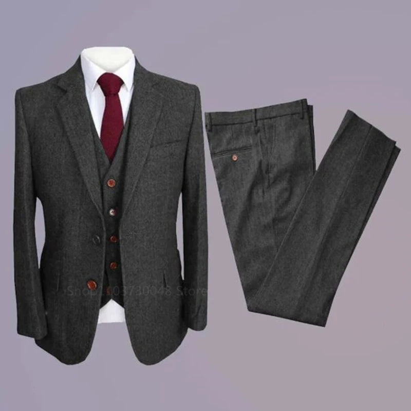 Navy Blue 3 Pieces Mens Business Suits Wool Classic Herringbone Pattern Groom Tweed Tuxedos for Wedding (Blazer+Pants+Vest)
