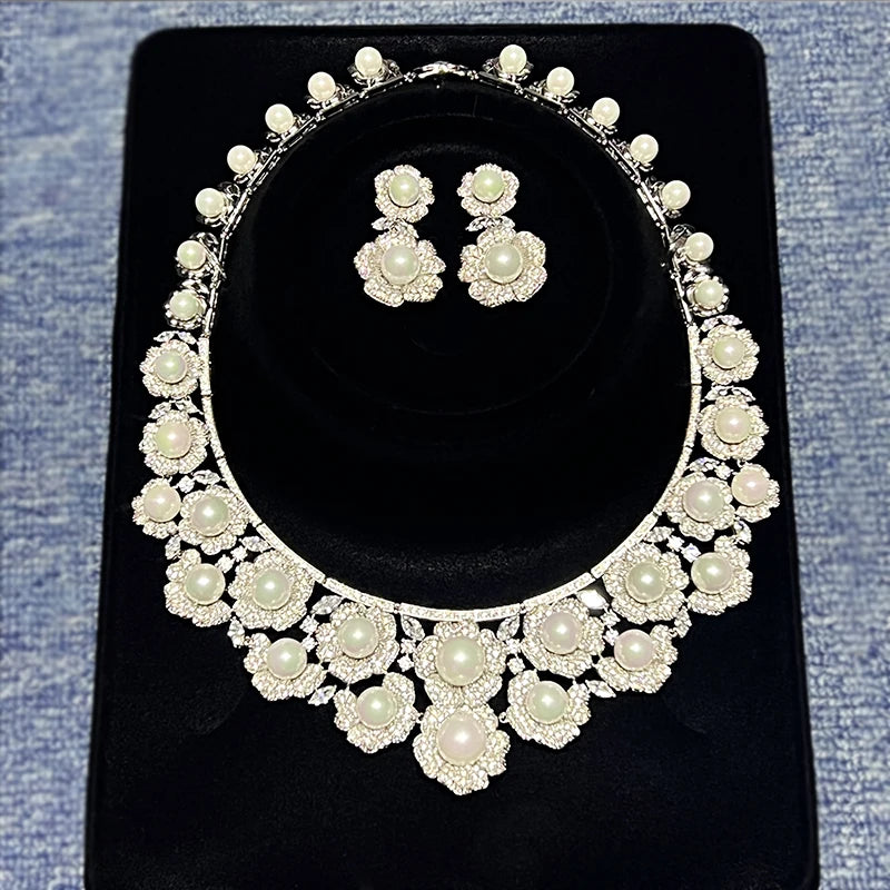 High Quality Zircon Pearls Jewelry sets Luxury Designer Flower Necklace Women Sparkling Dubai Bridal Party Costume Accessories
