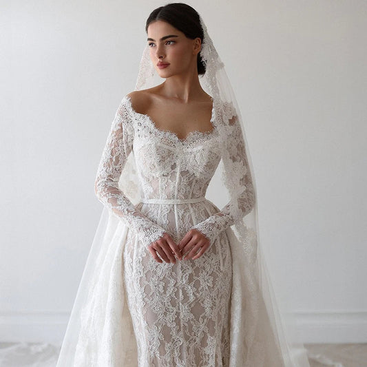 Elegant Mermaid Wedding Dresses Off The Shoulder Long Sleeve Lace Bridal Dress Formal Wedding Ball Prom Gown Customized