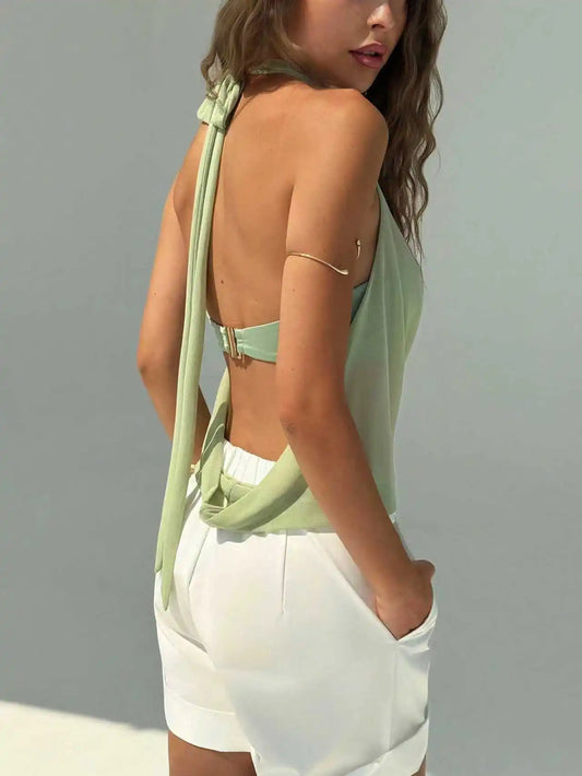 Women's Summer Vacation Sexy Semi-transparent Drop-Neck Metallic Decorated Backless Vest, Off-Shoulder Top