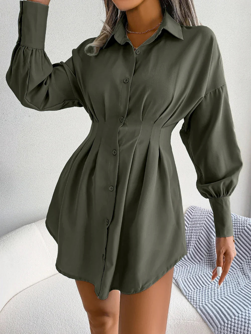 Women Casual Buttons Long Sleeve Shirt Dress Autumn 2026 Solid Color Lapel Mini Dress White Blue Army Green Woman Clothing