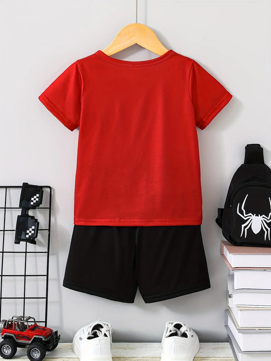 Boys summer "Spider Web" fashionable personality trend pattern round neck short sleeves & shorts & spider bag three-piece set