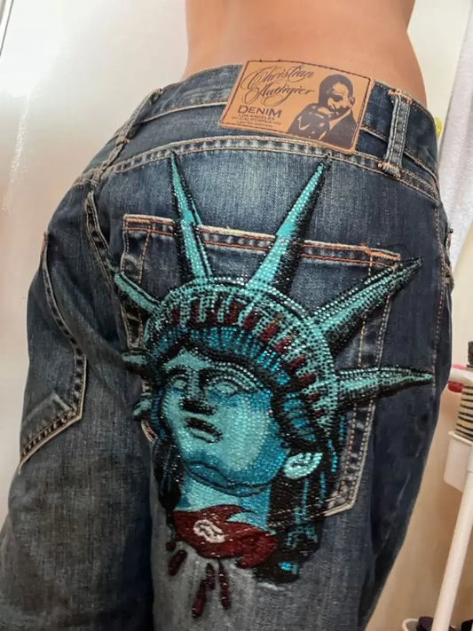 Vintage Liberty Shiny Rhinestone Jeans Casual Denim Pants Low Waist Straight Wide Leg Jeans Harajuku Y2k 2000s Women Clothing