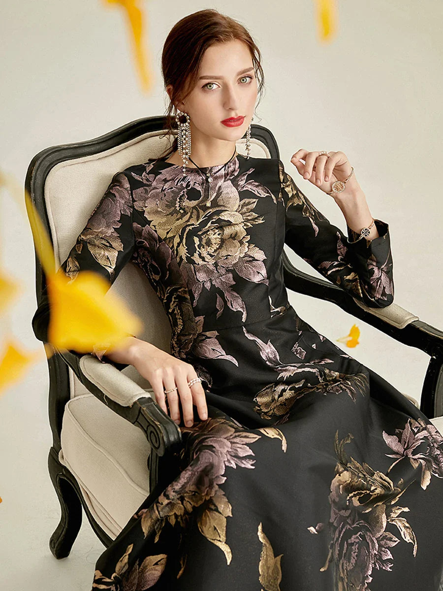 Luxury Women Long Maxi Jacquard Dress Spring Autumn Boho Floral Fashion Clothing Ladies Party Evening Ball Gown