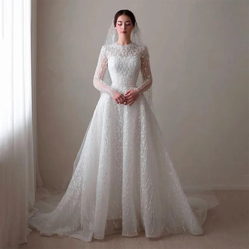 Glitter Wedding Dress Bead Organza With Embroidery A-Line Ballgown High-Neck Full Sleeve Customized Bride Dress Vestido De Novia