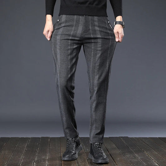Autumn New Men's Slim Casual Pants Fashionable Fit Elastic Business Pants High Quality Stripe Classic 3-colors Male Trousers