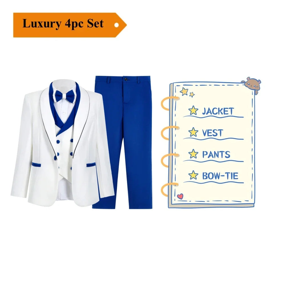 Royal Blue 4 Pieves Smart Boy's Suit Set, Kids Formal Tuxedo Jacket Vest Pants Bow-tie 24 Hours Ship Wedding Ring Bear Piano