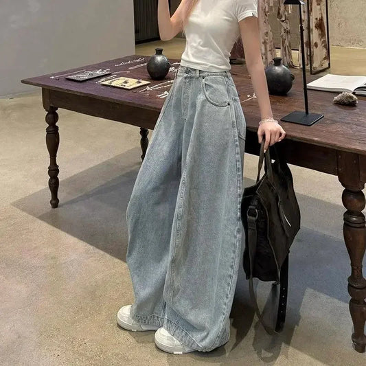 American Washed Loose Wide Leg Knife Edge Jeans Women's Spring Autumn New High Waist Loose Slimming Floor Length Pants
