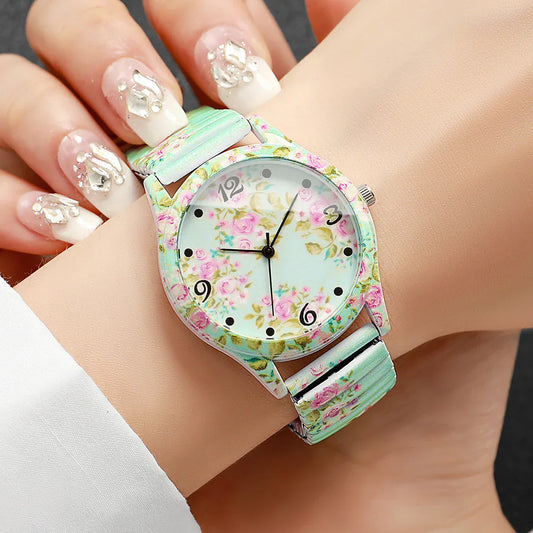 2/3PCS Fashion Flower Printed Women Quartz Wristwatches Set Ladies Casual Elastic Strap Arabic Dial Watch(Without Box)