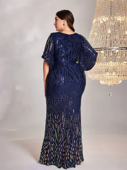 Plus Size Elegant Flare Sleeve Sequin Evening Dress Women Floor Lenght Maxi Wedding Party Mermaid Prom Cocktail Dress