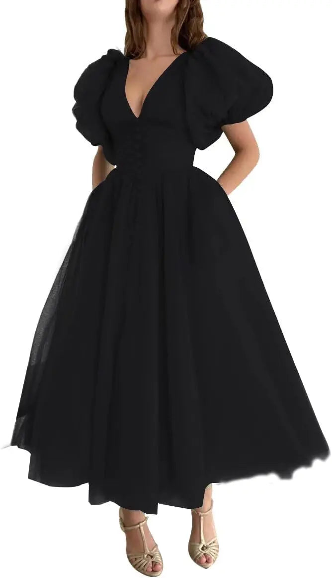 Vestidos de baile com mangas bufantes para mulheres, tule de bolinhas, decote em V, vestidos formais de noite, vestidos de festa, comprimento chá, vestidos formais femininos elegantes