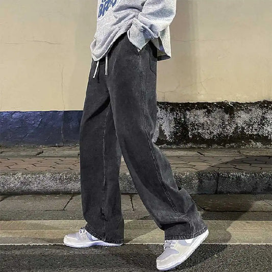 Men's Fashion Jeans Solid Color Drape Loose Straight Korean Vintage High Street Hip-hop Y2K Casual Daily Dragging Wide-leg Pants