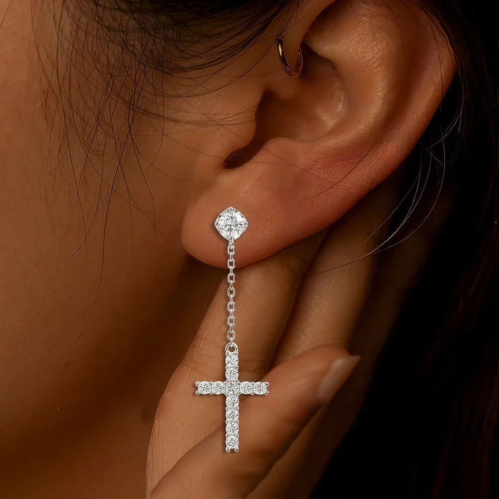 Cross Shape Full Moissanite Drop Earrings for Women Men 925 Sterling Silver Long Diamond Earring with Certificate Fine Jewelry
