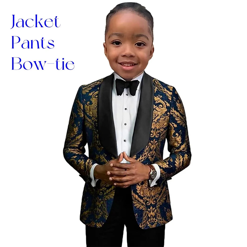 Paisley Slim-Fit Suit Set for Boys with Black or Navy Collar for Weddings