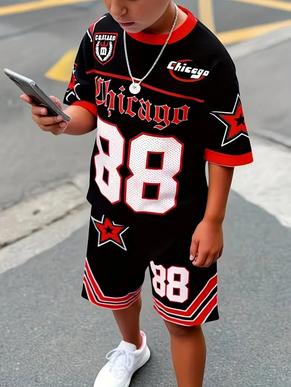 Fashiona Number Digital Printed Jersey Boy Short Sleeve Loose Fit Shorts and T-Shirt Set Sporty Outdoor Quick Drying 2pc Boy Set