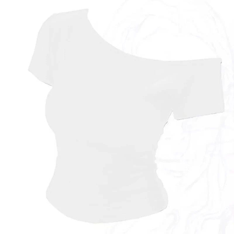 Summer Off shoulder Top Women Slim fit Body Summer Short sleeve T shirt One shoulder Female Sexy Basic Tees Korean Chic