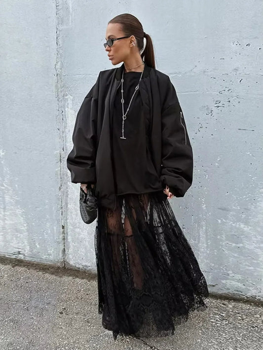 Loose Black Sexy Black Lace Skirt Women Fashion Thin Transparent Casual Hollow Out High Waist Loose A-line Long Skirt Party