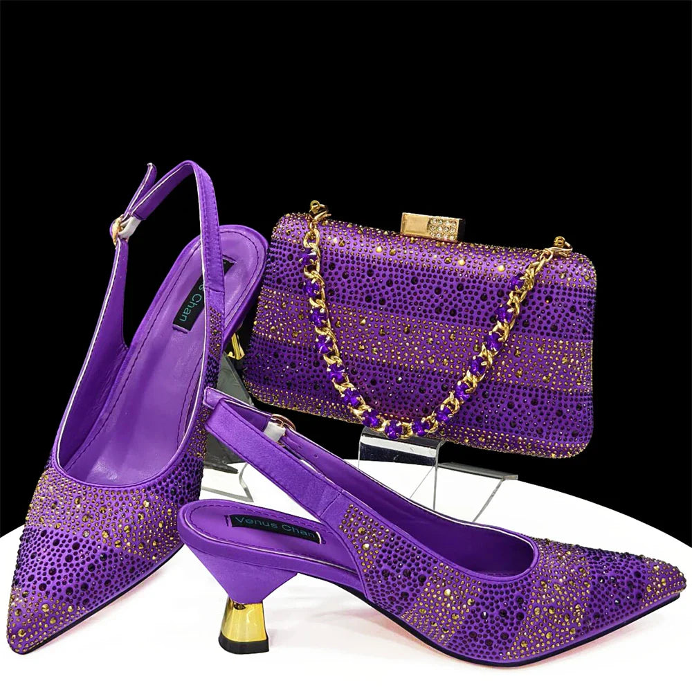 Elegant High Heels Shoes and Bag Set for Women Pointed Toe Black Color Hollow Rhinestones Matching Bag