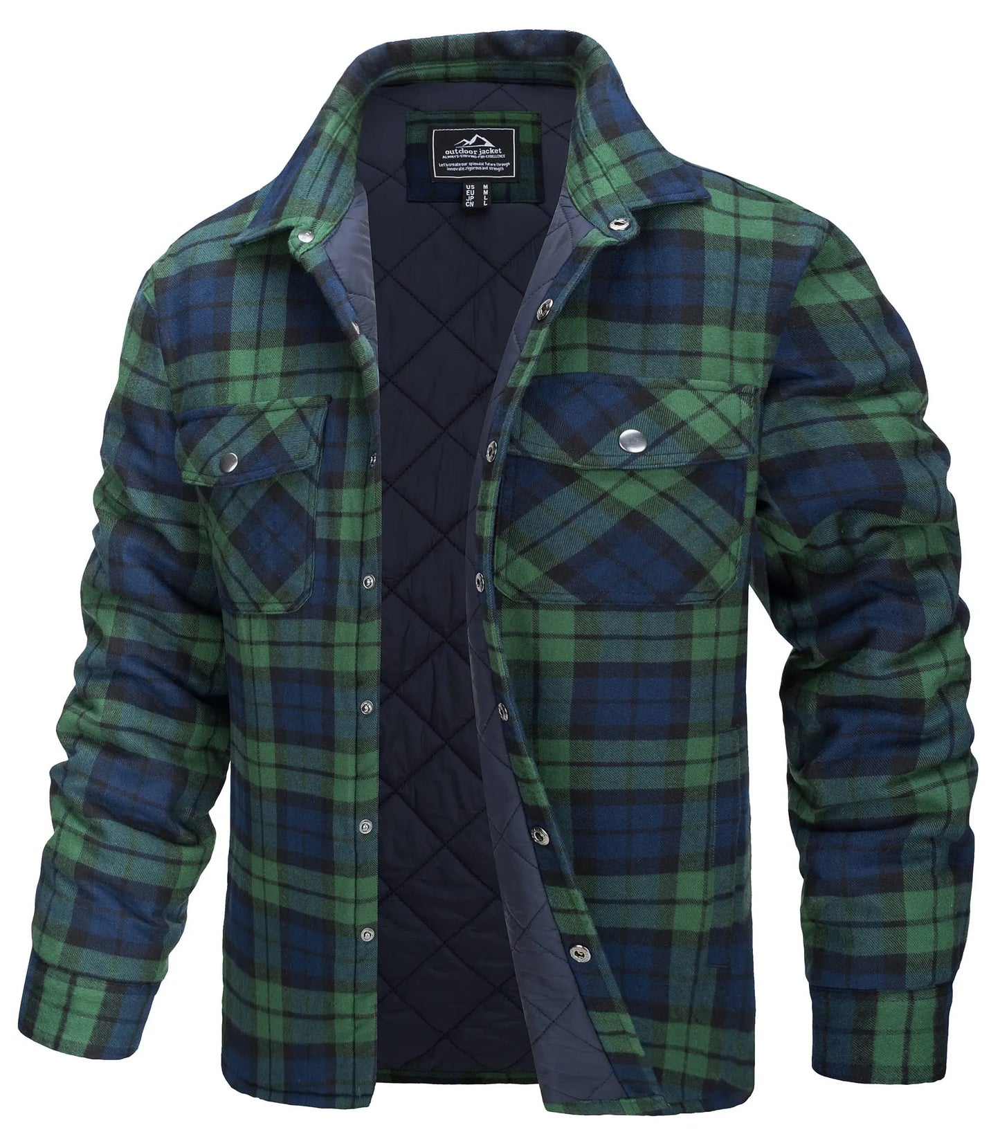 Winter Plaid Cotton Jackets Mens Long Sleeve Quilted Lined Flannel Shirt Jacket Multi-Pockets Outwear Hiking Coats Tops