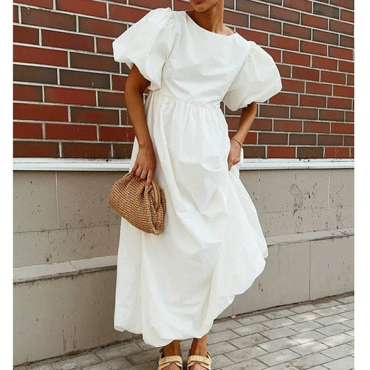 2026 Women Summer Puff Sleeve Bohemain White Long Dress High Waist Loose Style Cotton Boho Maxi Dress Vestidos Clothes