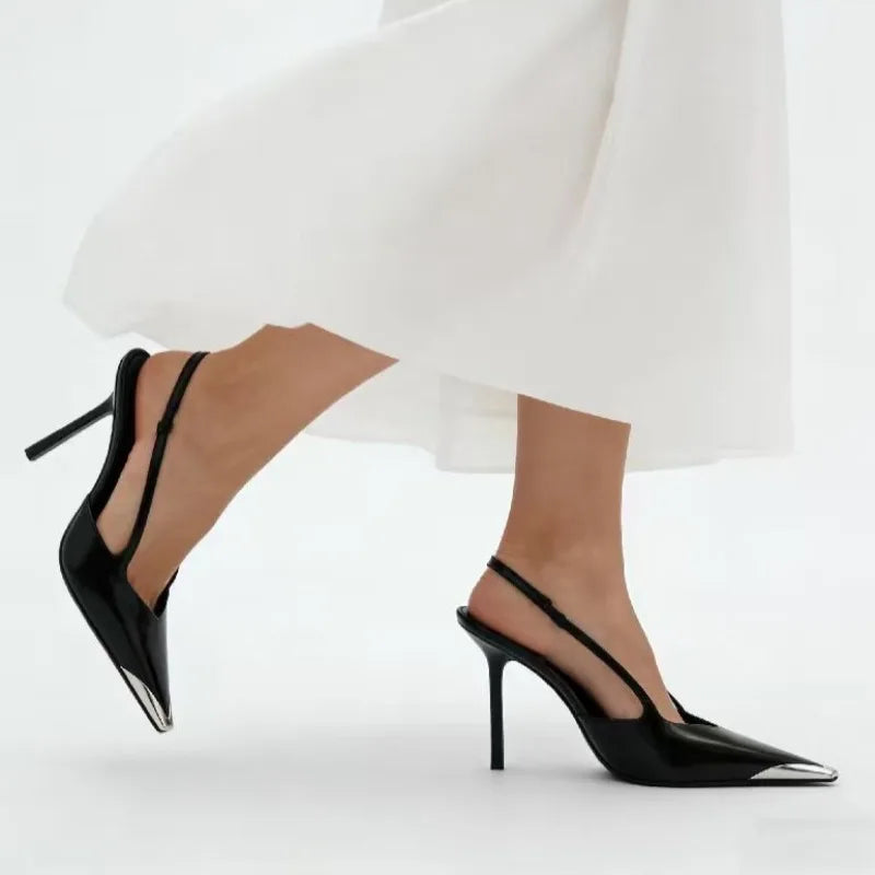 Novelty Metal Pointed Toe High Heels Women 2026 New Elegant Slingback Heeled Sandals Sexy Black Patent Leather Designer Shoes