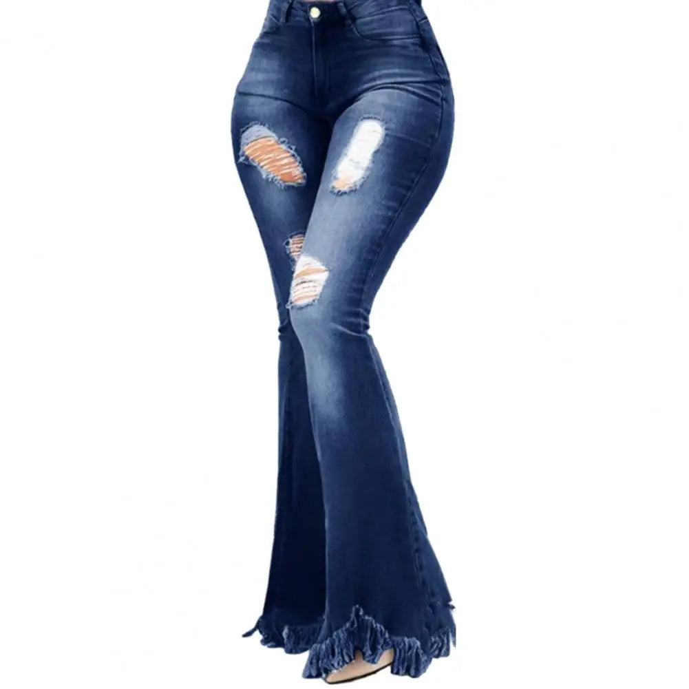 Calça Feminina Boca de Sino Cintura Alta Bolsos Rasgos Desfiados