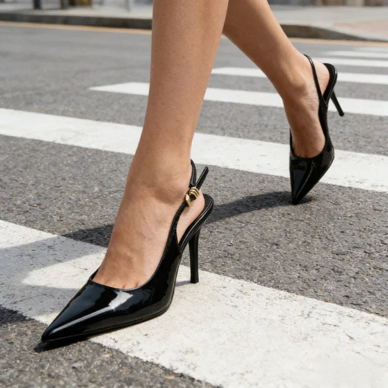 Sexy Black Pointed Toe Patent Leather Pumps Women Luxury Metal Ankle Strap Buckle Brand Designer Shoes Cozy Commuter Office Shoe