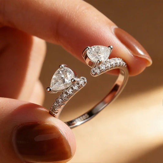 Double Pear Cut Moissanite Rings for Women Adjustable 5-9 Size Lab Diamond Wedding Female Jewelry 925 Sterling Silver