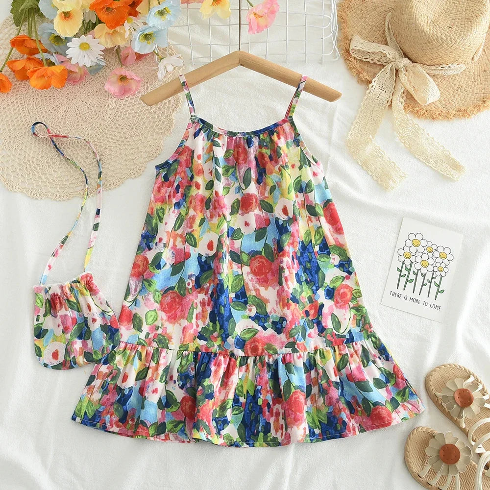 Summer Girls Dress Casual Princess Dresses Sleeveless Print Flower Costumes Kids Vestidos Cotton Floral Dress 2-7Y