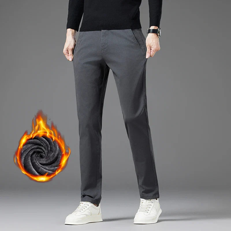 Winter Thickened Men's Velvet Casual Pants Fleece Warm Fashion Solid Color Straight Elastic Male Business Plush Pants