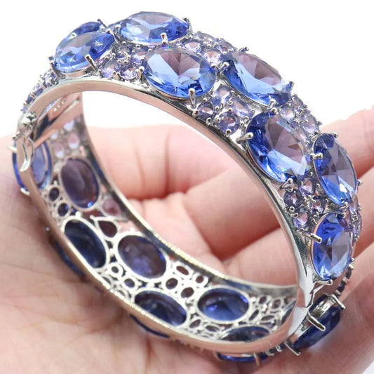 24x20mmEye Catching 51.2g Big Size Pink Kunzite Blue Aquamarine Violet Tanzanite Iolite Silver Bangle Bracelet 7.5inch