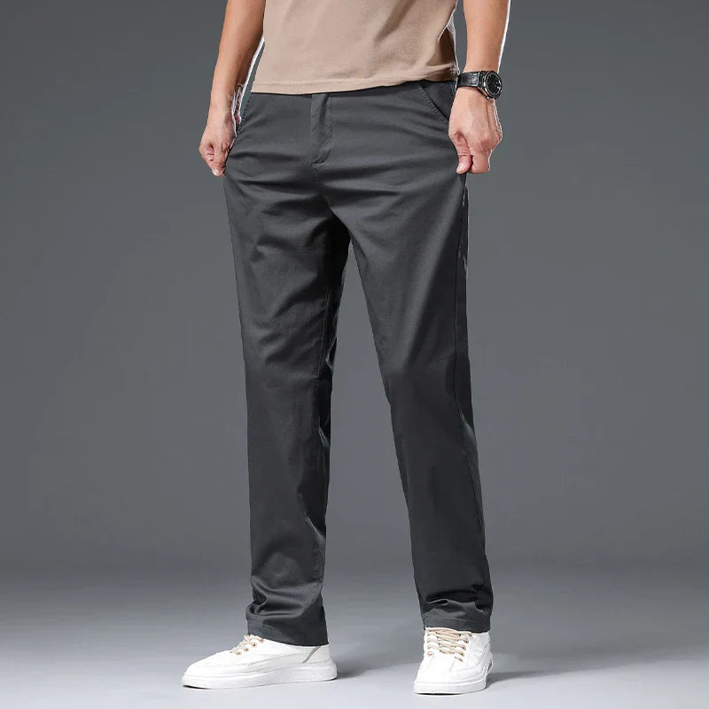 New Men's Business Cotton Thin Straight Pants Casual Elastic Slim Comfortable Male Brand Trousers Black Gray Khaki Royal Blue