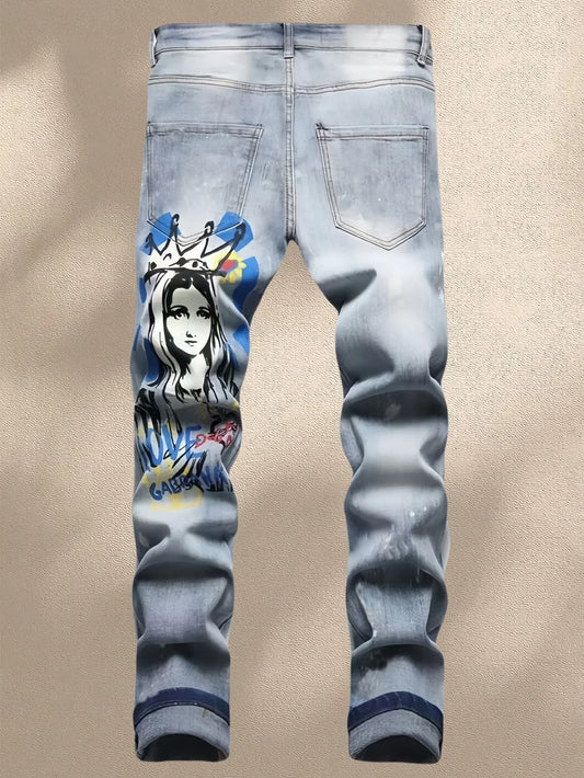 Fashionable Men's Jeans With Trendy Prints Highlighting Individuality Elastic And Breathable Fabric Free Shipping