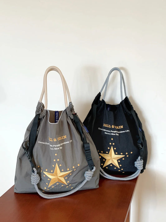 New Japanese-Style Embroidered Shopping Bag Y2K Style Large Five-Pointed Star Design Women's Shoulder Bag Lightweight Tote Bag Foldable Storage Suitable for Shopping Leisure Holiday Parties