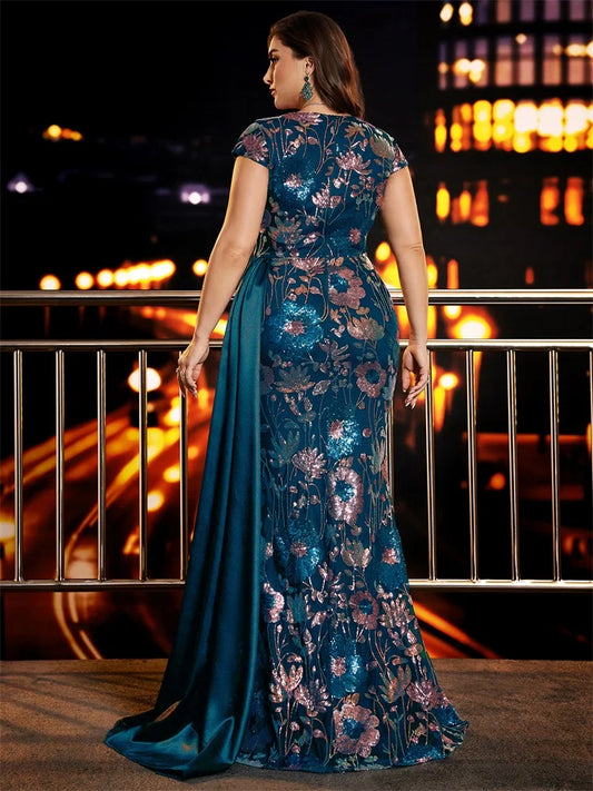 Plus Size Elegant V-Neck Patchwork Ribbon Sequins Evening Dress Woman Formal Mermaid Wedding Party Guest Gowns