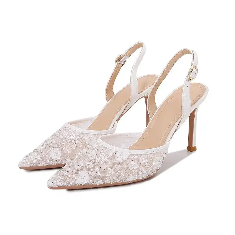 Size 34-42 2025 Summer Beaded High Heel Wedding Shoes Women Lace Mesh Party Dress Shoes